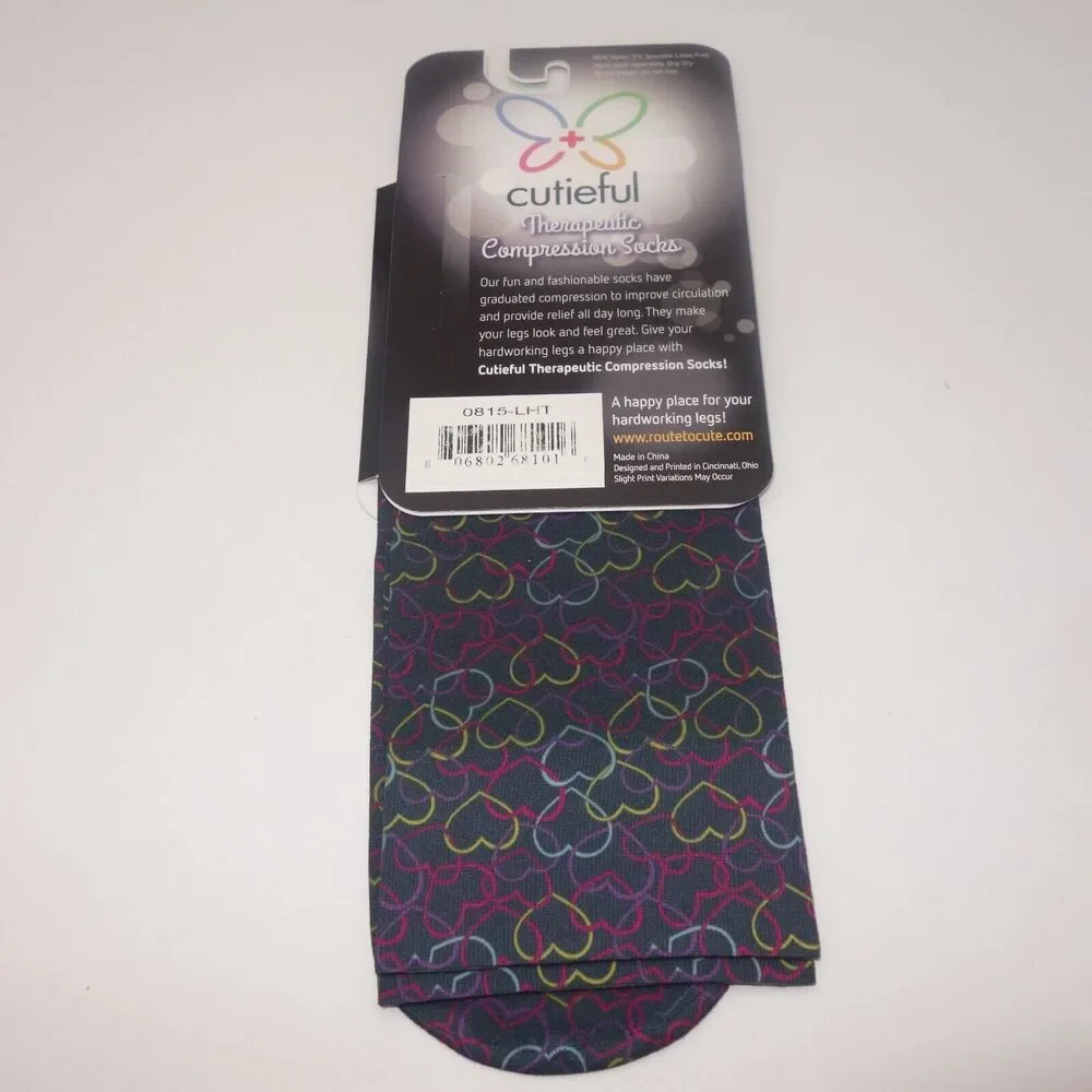 NEW Cutieful Therapeutic Compression Socks Fits Size 5-11 Black Linked Hearts